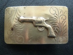 Vintage Western Brass Belt Buckle Embossed Revolver Gun Pistol Solid Bar RARE