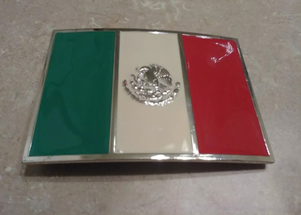 Mexico Mexican Flag Red White Green Eagle Coat of Arms Silver Belt Buckle