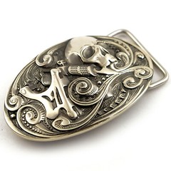 German silver belt buckle tattooist with skull, Tattoo machine, Skull buckle