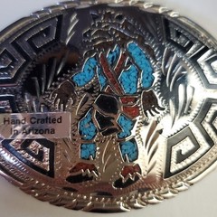 Handcrafted Arizona Faux Turquoise Chip Inlay Wolf Belt Buckle Silver Tone
