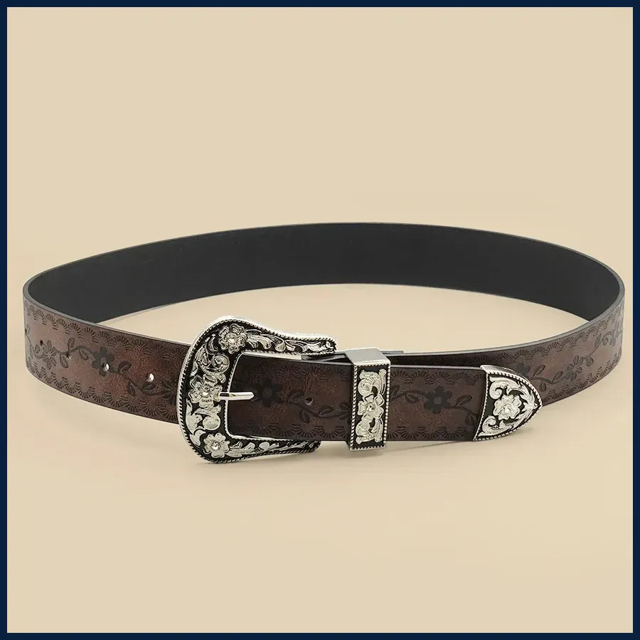 Vintage Carved Buckle Belt for Women Men – Brown Textured Floral Print.