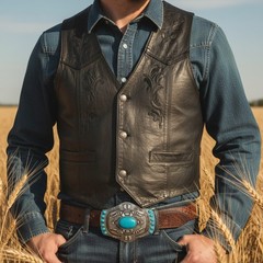 Men Silver Big Metal Buckle Aztec Western Mayan Style Turquoise Blue Beads Color