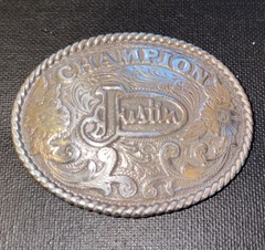Justin Boots Champion Western Belt Buckle Oval Silvertone W Floral Engrave2x2.75