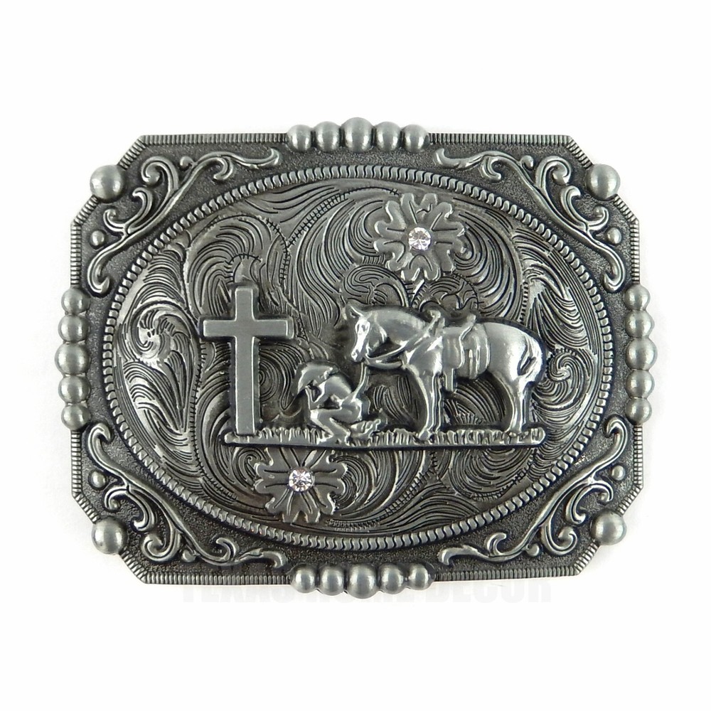 Western Floral Belt Buckle Praying Cowboy Kneeling at Cross Antique Silver Tone