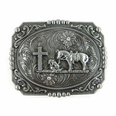 Western Floral Belt Buckle Praying Cowboy Kneeling at Cross Antique Silver Tone