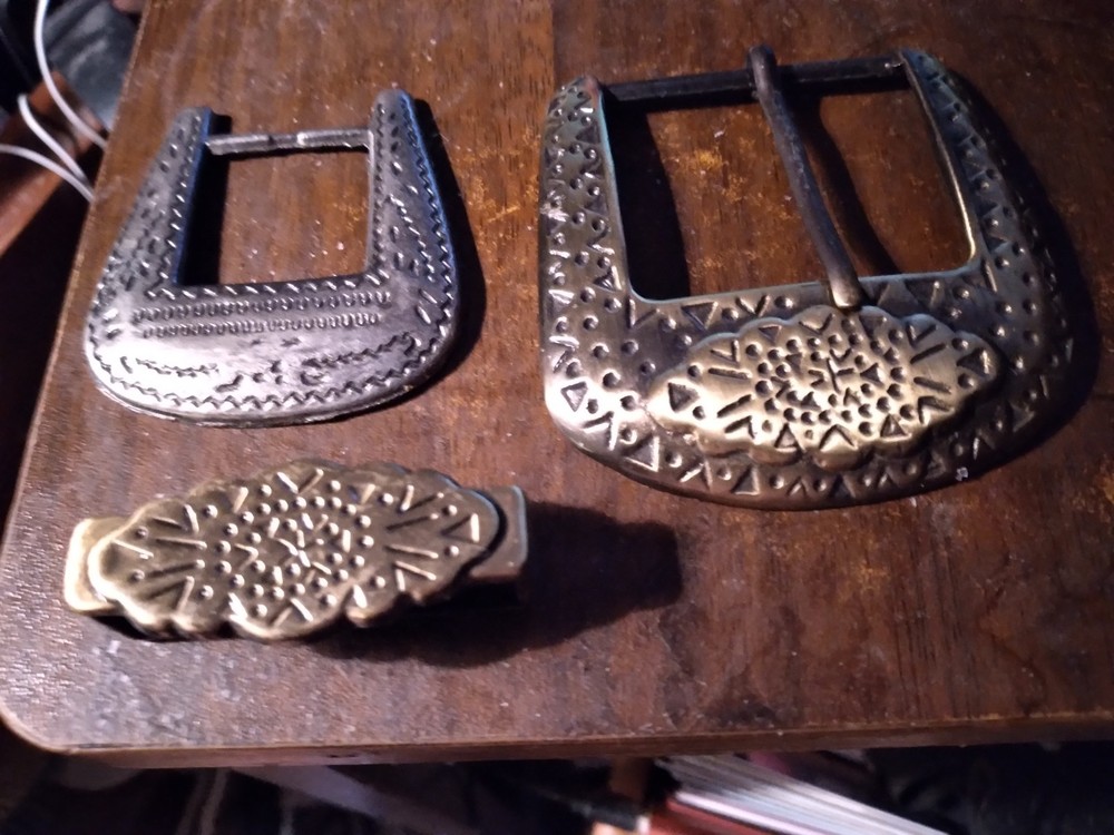 3 pcs Engraved Star Burst & Western Cowboy designs Belt Buckles & Slide Lock