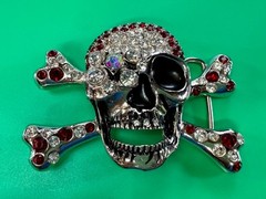Pirate Skull Head Crossbones Red Clear Rhinestone Covered Costplay Belt Buckle