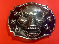 Raised Skull With Teeth Grin Black And Silver Color Belt Buckle Star Surround