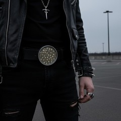 Men Belt Buckle Round 3&Prime; Heavy Metal Dome Skulls Silver Brown Biker Accessory