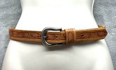 Vintage Inspired Tooled Leather Belt Silver Buckle Fits 24–28 Western Cowboy
