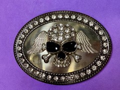 Skull Wings Crossbones with Clear Rhinestone Halloween Gothic LARGE Belt Buckle