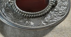 Vintage Style Western Silver Tone Belt Buckle Red Cabochon Stone Engraved Oval