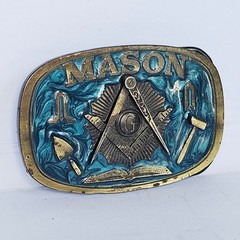1986 The Great American Buckle Co Mason Belt Buckle Teal Enamel Masonic G USA