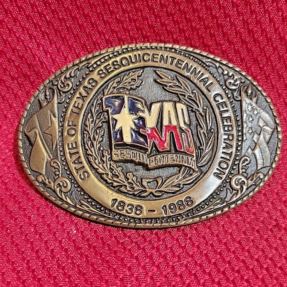 3.5&Prime; TEXAS SESQUICENTENNIAL BELT BUCKLE Numbered VINTAGE 1986 Brass metal Texoma