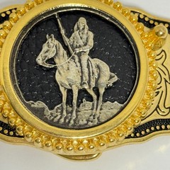 Western Cowboy Native American Horse Rider Belt Buckle Gold Tone Made USA