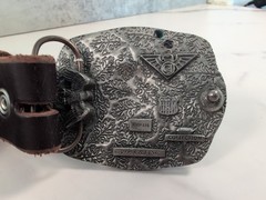 1995 C&J Inc. Pewter Bear Belt Buckle & Tooled Brown Leather Belt 42&Prime;-47&Prime; USA