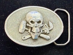 Mechanic Skull Crossed Wrench Hammer Tool Solid Fine Pewter Belt Buckle