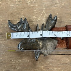 Brass Moose Belt Buckle w/Hand Tooled Brown Leather Western Wear Belt Size 40