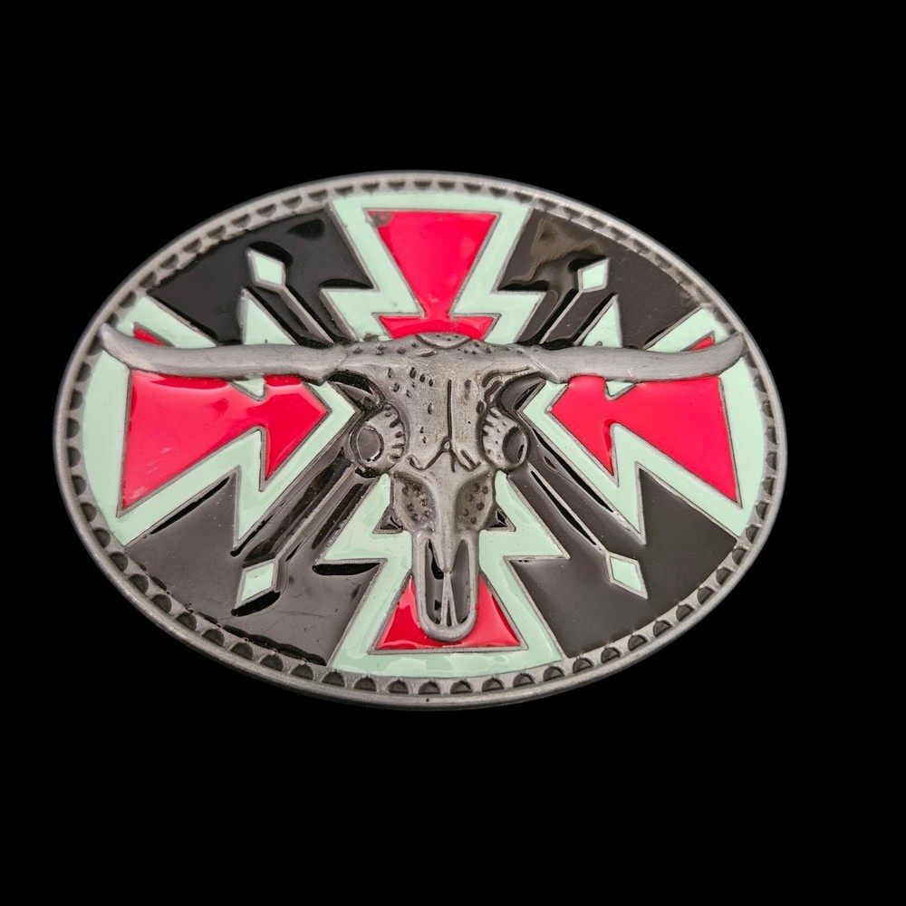 Red Black White Silver Tone Iron Cross Bull Skull Western Belt Buckle 4.5&Prime; Wide