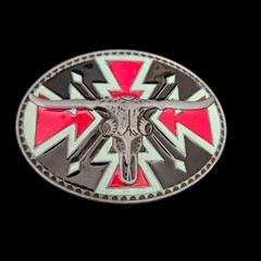 Red Black White Silver Tone Iron Cross Bull Skull Western Belt Buckle 4.5&Prime; Wide