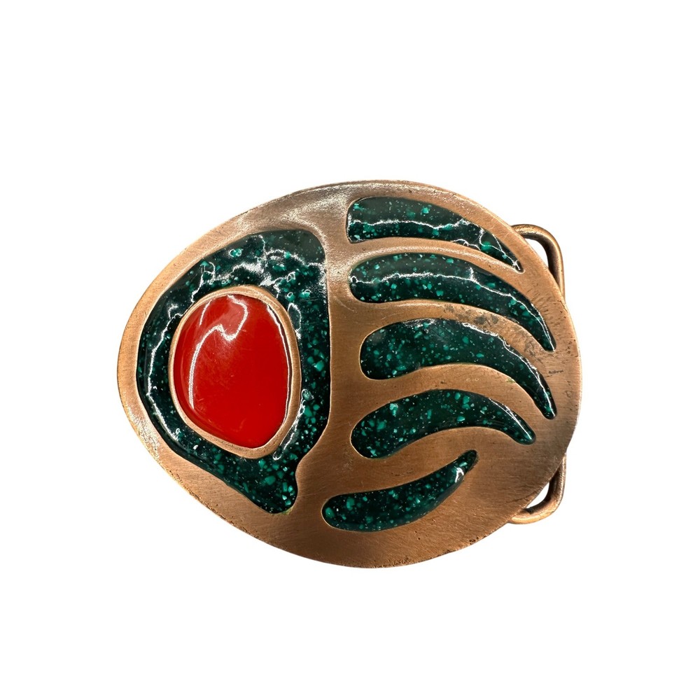 Vtg 1992 C+J Inc Bear Paw Belt Buckle Green Inlay Red Stone CJ1581 USA Bronze