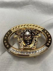 Gold Medusa Head Belt Buckle Greek Key Crystal Oval