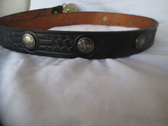 Flying Eagle Buckle Brass Tone & Black & Buffalo Nickel Accented Belt Size 38