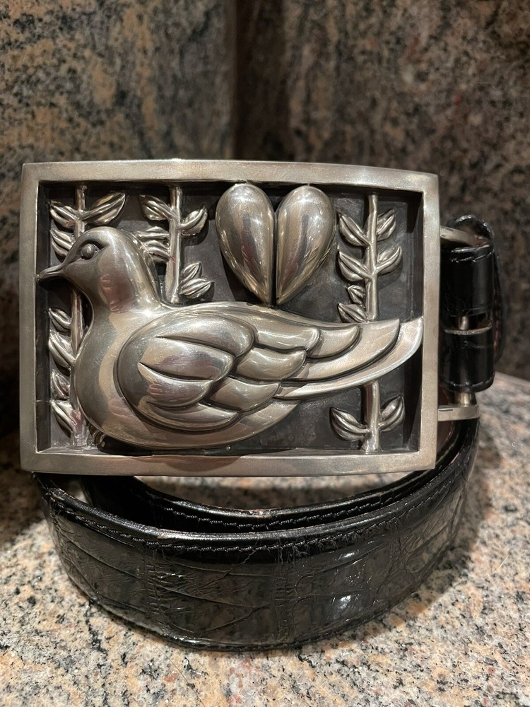 HUGE!! RARE! Kieselstein Peace Love/Dove Buckle With Black Alligator Belt Size 2