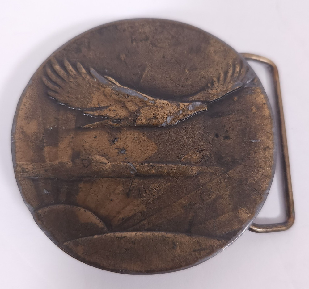 Vintage Brass Eagle Belt Buckle A-48 Round Scenic Western 3D Unmarked USA Style