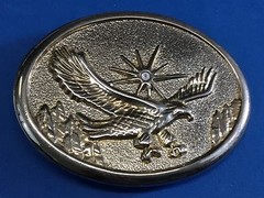 Vintage patriotic flying classic Bald Eagle with sun starburst belt buckle