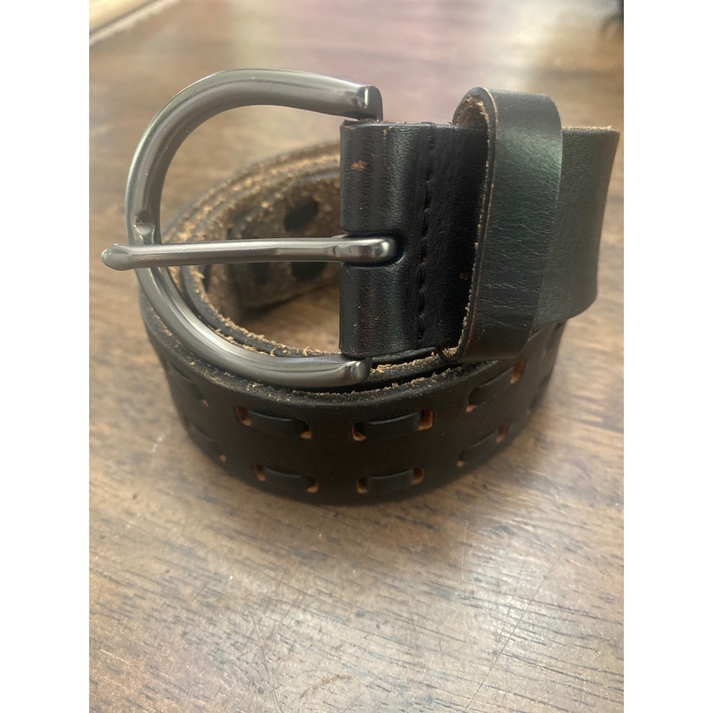 Black Genuine Leather Woven Cutout Belt Gunmetal Horseshoe Buckle Mens Womens