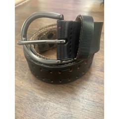 Black Genuine Leather Woven Cutout Belt Gunmetal Horseshoe Buckle Mens Womens