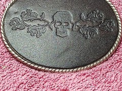 Skull With Roses & Brambles Belt Buckle on Stamped Black Leather 3.75&Prime; x 3&Prime;