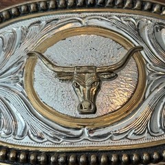 Western Longhorn Bull Belt Buckle Silver Gold Tone Floral Scroll Oval Cowboy
