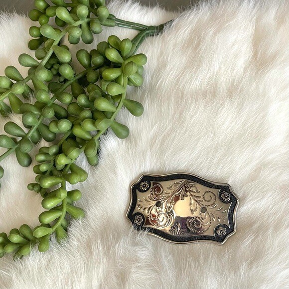 Belt Buckle Floral Silver & Black Rodeo Western Bull Rider Cowboy Cowgirl