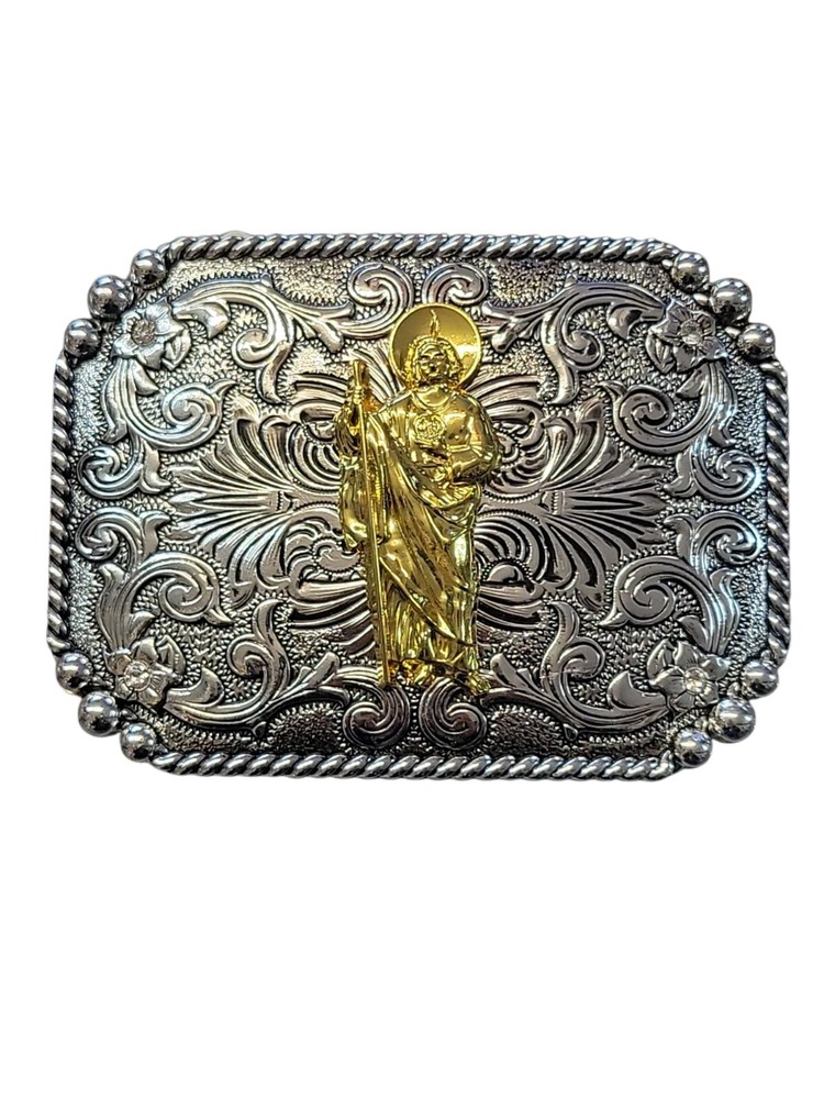 Cowboy Belt Buckle For Man – Saint Jude 4 1/4&Prime;x3 1/8&Prime; Silver Tone/Gold