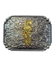 Cowboy Belt Buckle For Man – Saint Jude 4 1/4&Prime;x3 1/8&Prime; Silver Tone/Gold