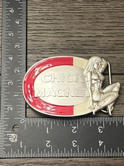 SMC Chick Magnet Belt Buckle Mens Silver Red Cream Enamel Pinup 2005 Novelty