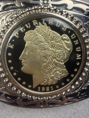 Men&rsquo;s Western Oval Metal Belt Buckle 1921 Morgan Silver Coin E PLURIBUS UNUM