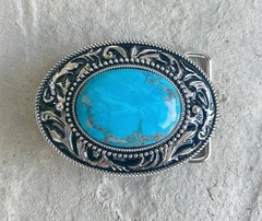 Silver Engraved Western Belt Buckle Aqua Genuine Stone Cowboy Rodeo Gift