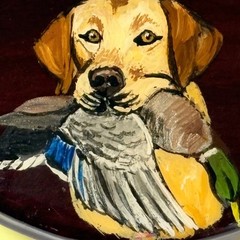 Vintage Hand Painted Wood Belt Buckle Yellow Labrador Retriever Mallard Duck Dog