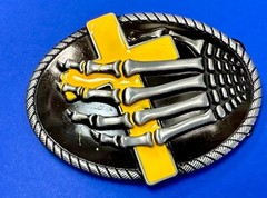 Skeleton Hand Holding Yellow Cross Vintage Dimensional Raised Belt Buckle