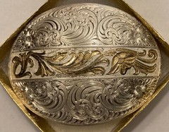 Vintage Metal Belt Buckle, Silver and Brass, Angie and BJ, 2 of Hearts Forever