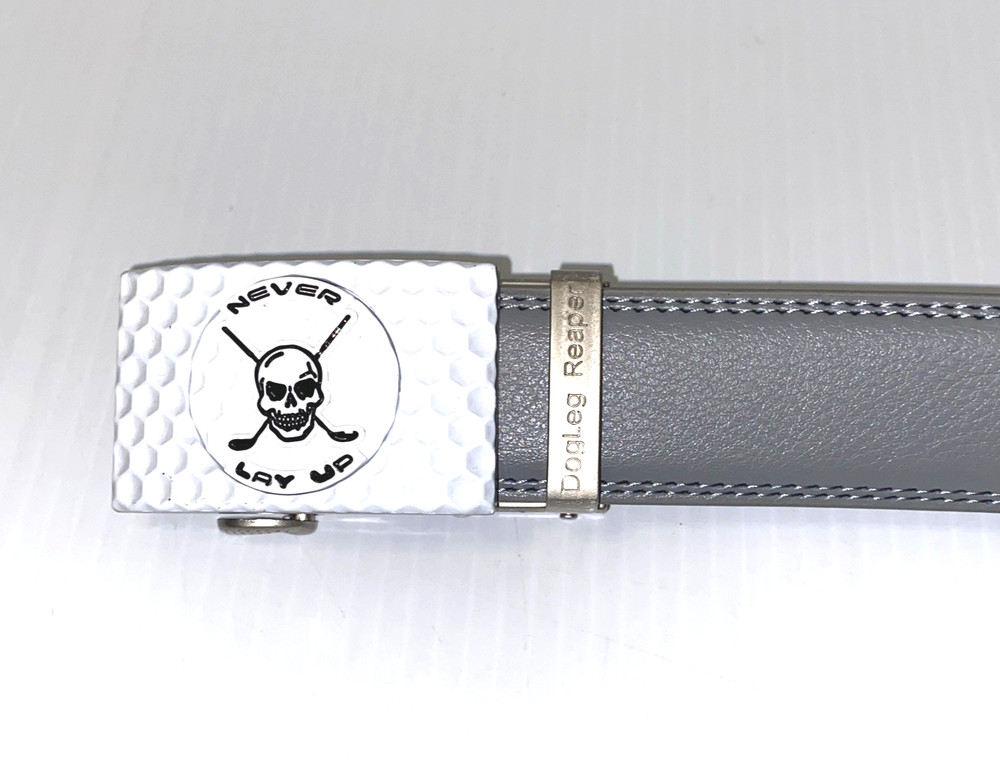 Golf Belt Leather w/Ratchet Buckle Removable Ball Marker Skull Reaper Light Gray