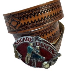 Vintage 1983 Siskiyou Square Dancing Belt Buckle with Tooled Leather Belt Brown