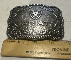 Ariat Scalloped Logo Belt Buckle Floral Scroll Twisted Rope Edge NEW