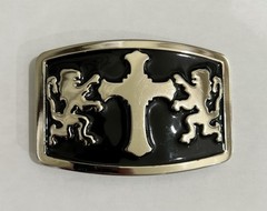 Mens Belt Buckle Black Silver With Double Lions and Cross 4×3” Vintage