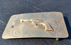 Vintage Western Brass Belt Buckle Embossed Revolver Gun Pistol Solid Bar RARE