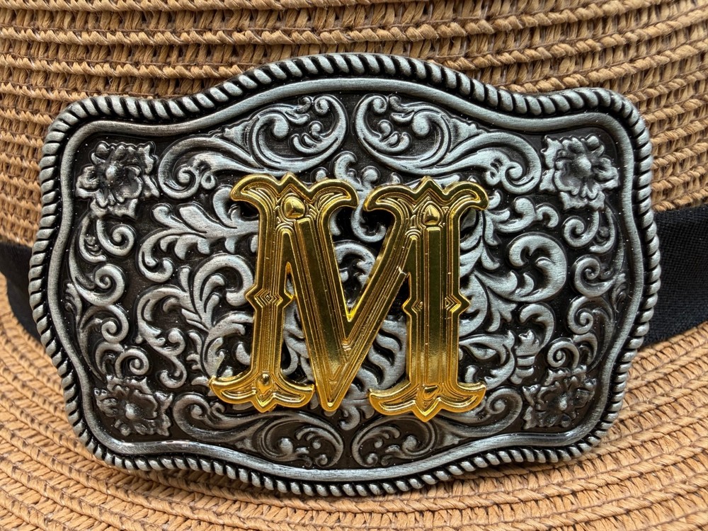 Antiqued Silver Gold Initial M Rectangle Western Cowboy Floral Vine Belt Buckle