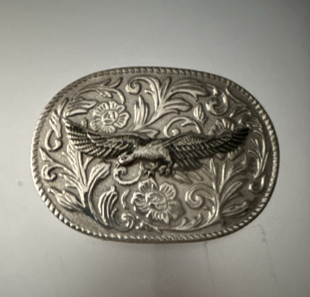 Men&rsquo;s Silver Tone Oval Western Belt Buckle Engraved Eagle Floral Fits 1.5&Prime;